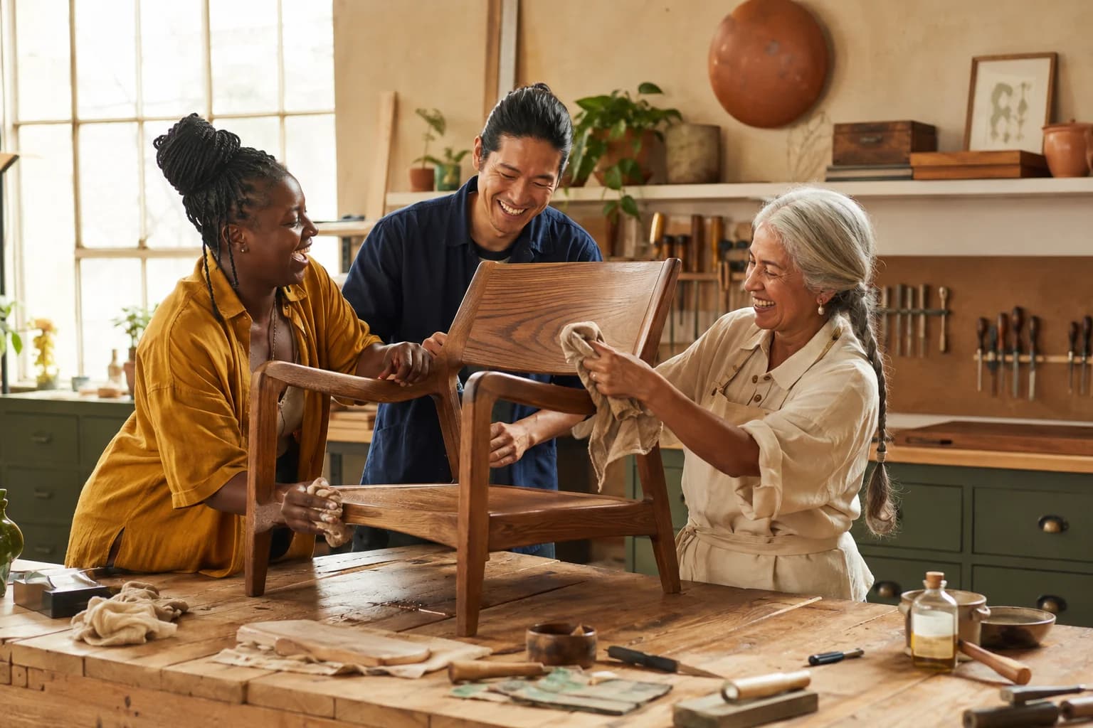 An illustrative campaign scene of makers collaborating at a shared workbench