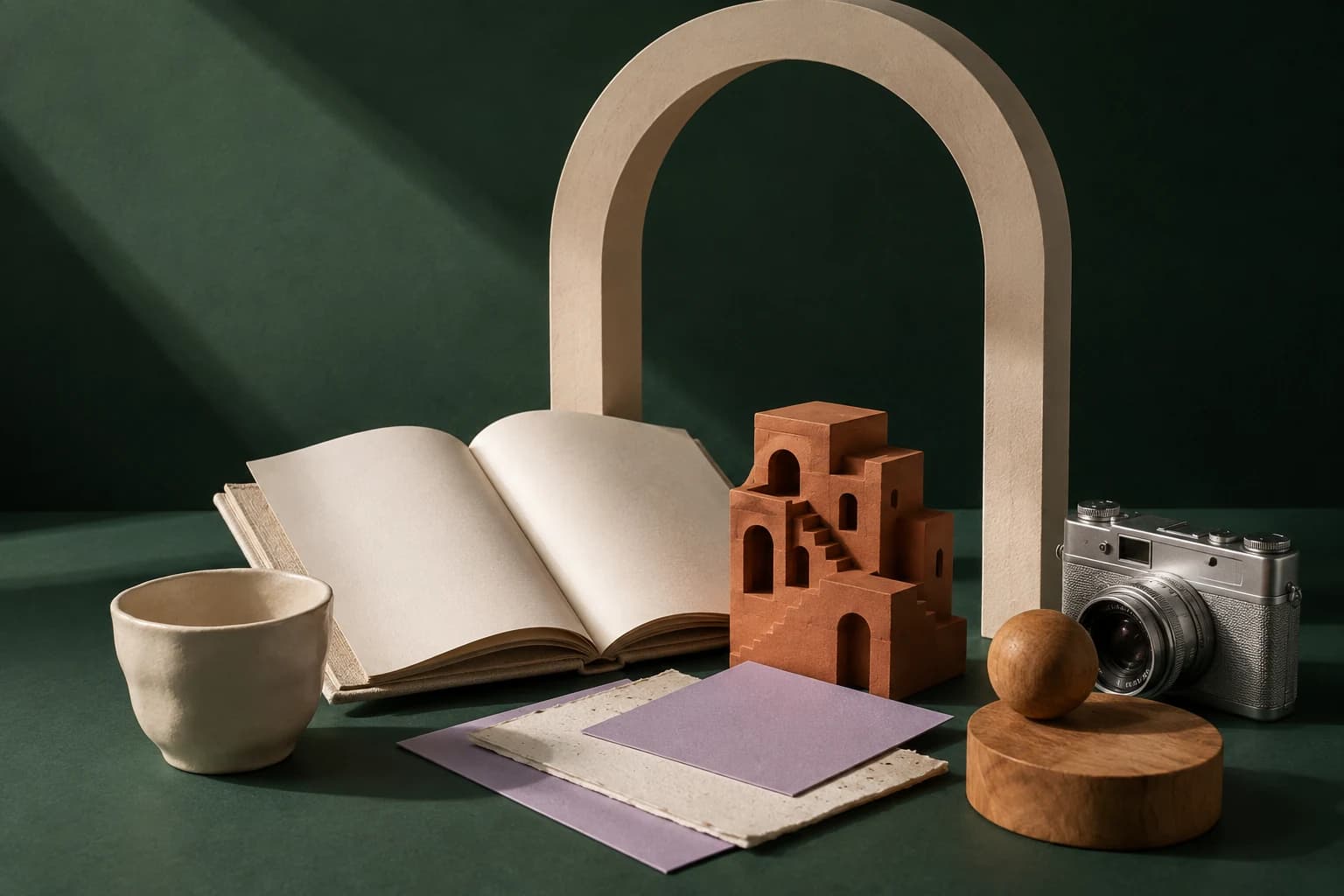 Original campaign still life of a notebook, camera and crafted objects