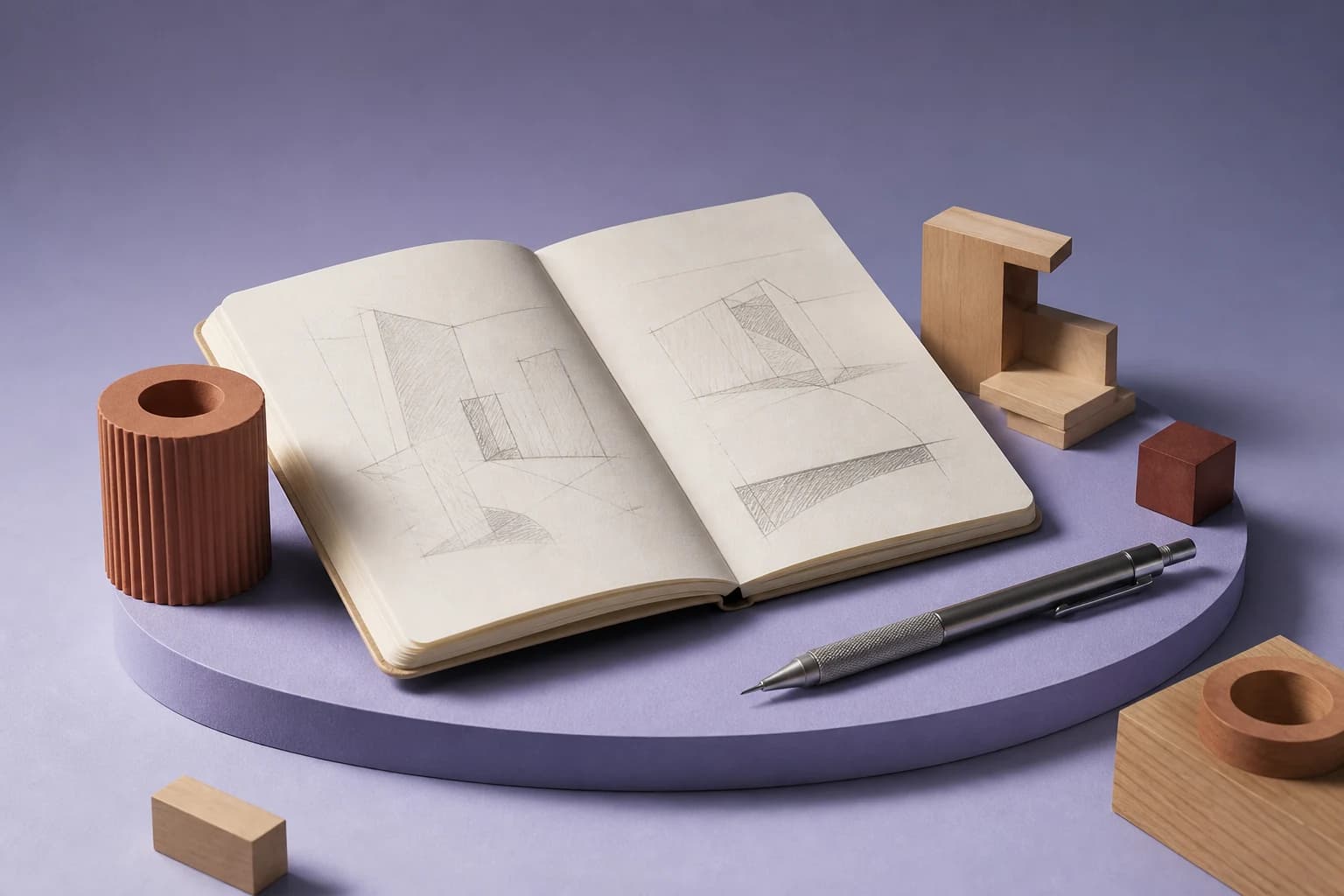 A project sketchbook and carefully crafted wooden models