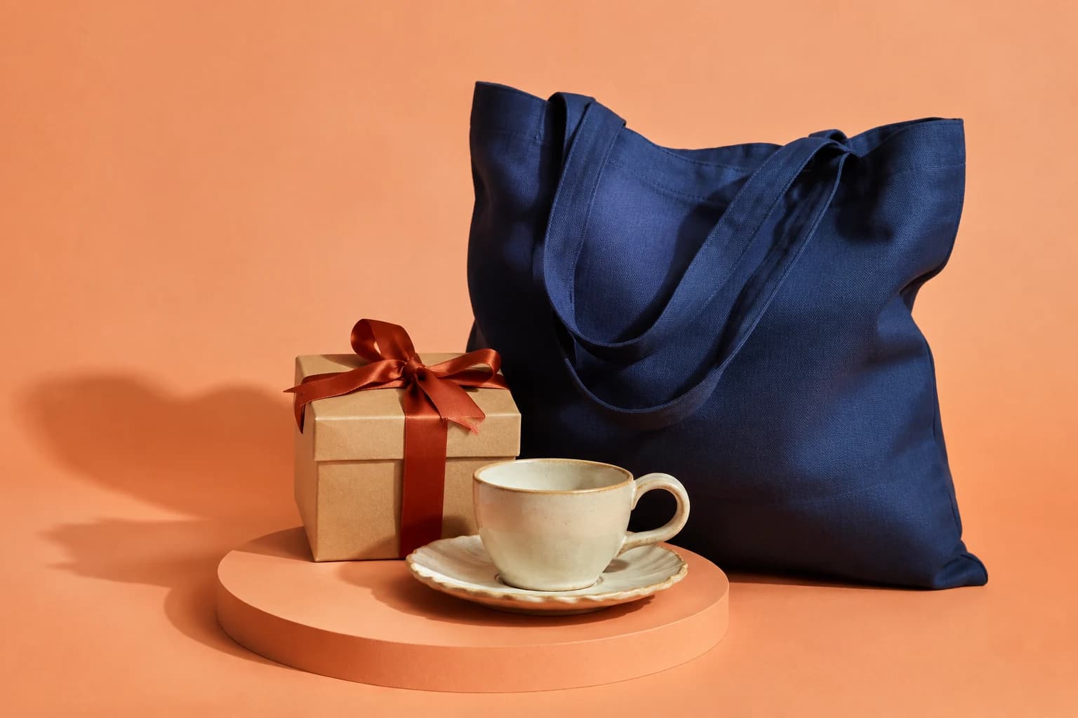 Original campaign still life of a ceramic cup, a tote and carefully wrapped rewards