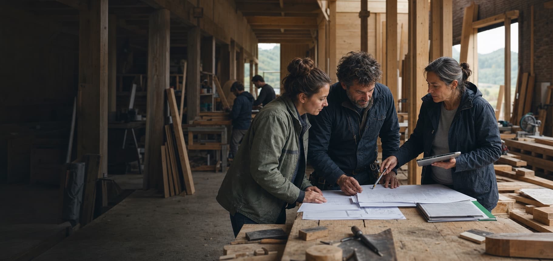 Project operator, craftsperson and reviewer studying plans in an active timber workshop