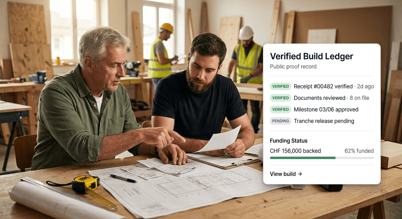 Two operators reviewing build documents on workshop bench, with verified build ledger UI overlay showing approved milestones, documents, and funding status