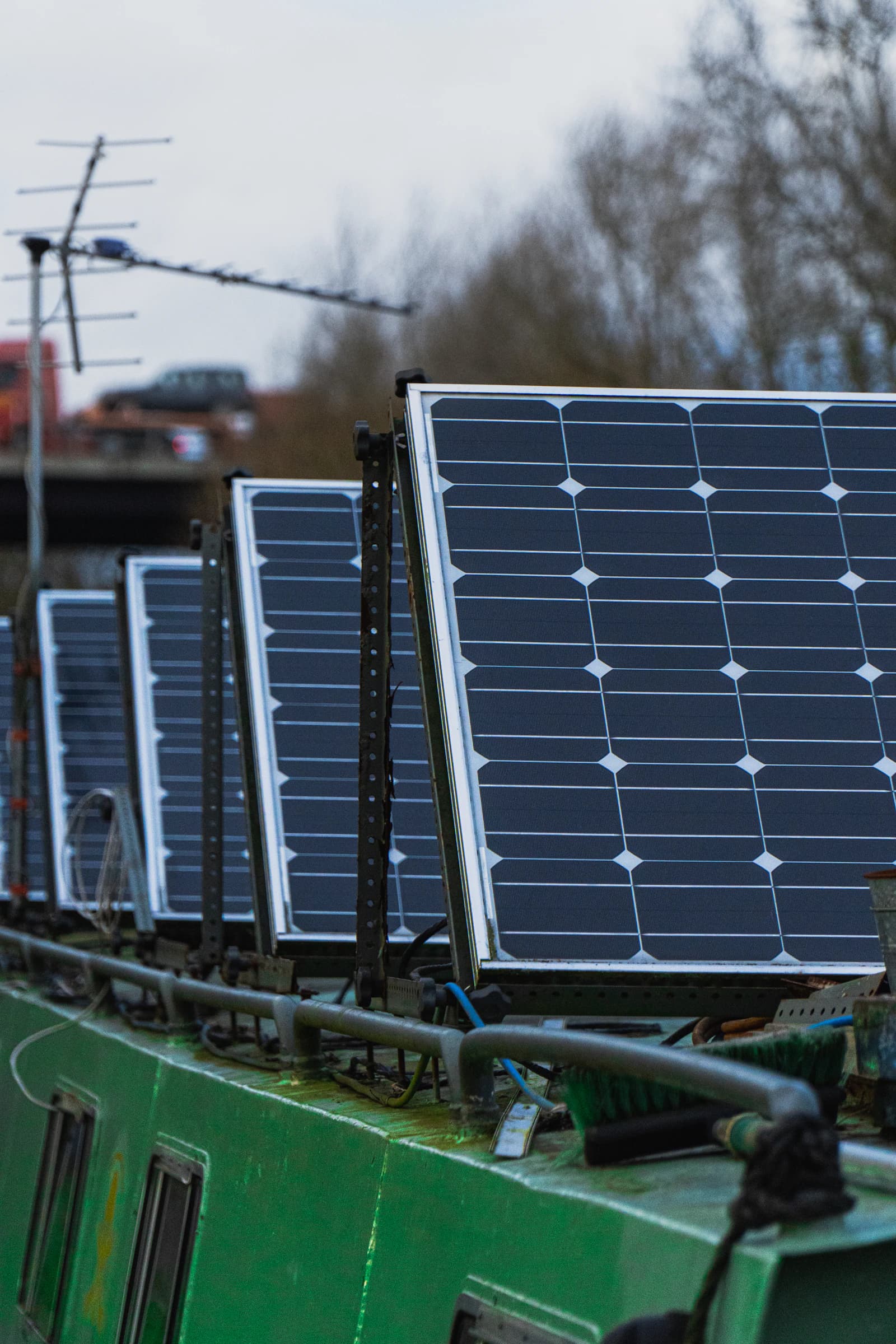 Solar panels producing energy on an urban rooftop